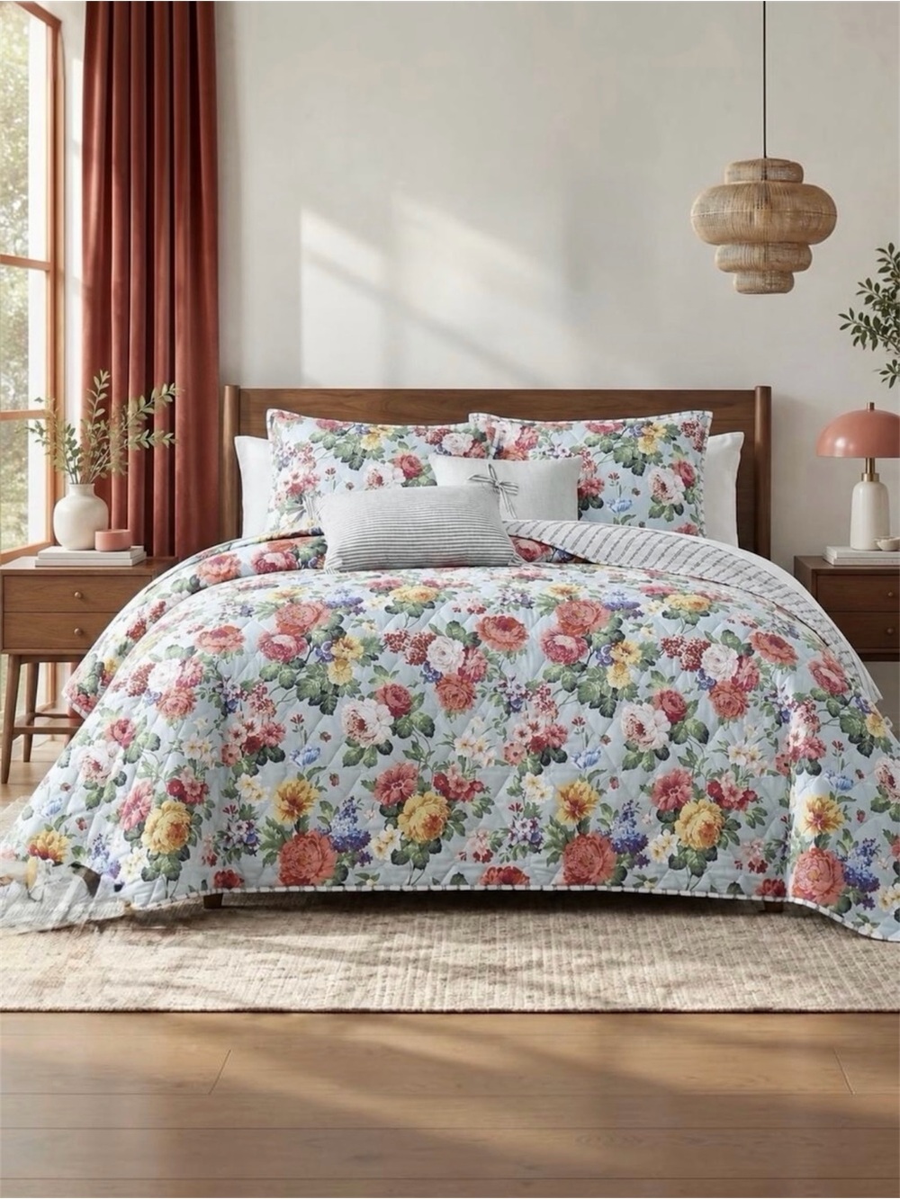 NEW Anthropologie Colorful Vintage Floral Stitch Quilt Coverlet Bedding Sham Set